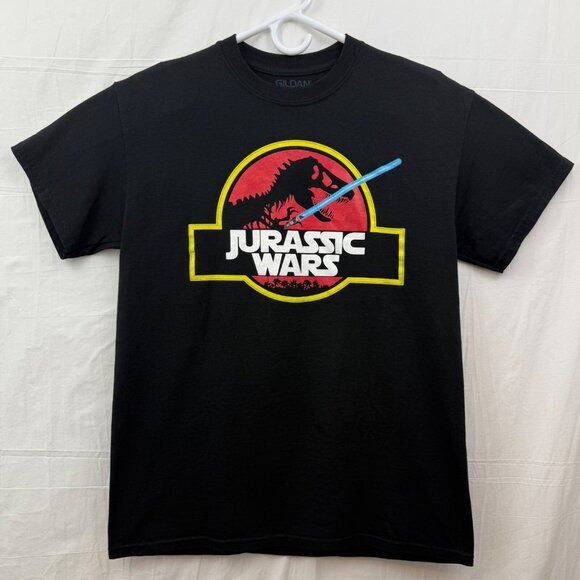 Jurassic Wars Mashup T-Rex w/lightsaber Tee Unisex M Black Gildan DryBlend - Picture 1 of 6